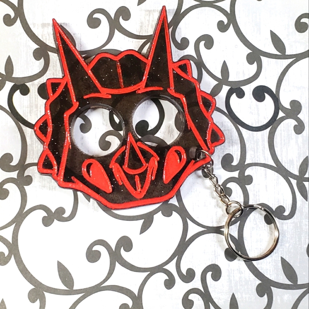 Red Triceratops head Resin keychain/Handmade/ Red and Black/ Sharp Horns